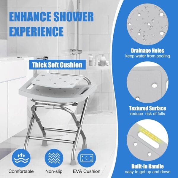 Height Adjustable Folding Shower Chair w/Crossbar, 400lbs Stainless Steel Foldable Shower Chair for Inside Shower, Anti-Slip Portable Travel Shower Stool, Safety Bath Chair for Seniors, Gray - Image 5