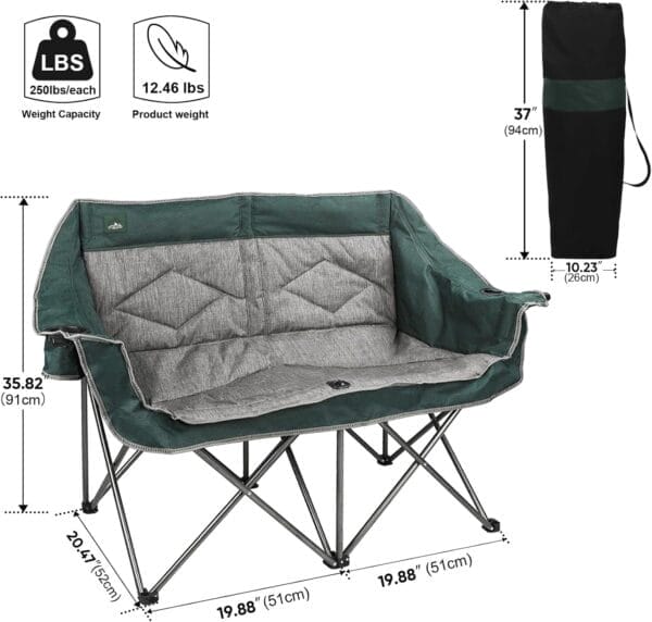 Folding Loveseat Camping Chair Portable Double Duo Full Padded Garden Chair for 2 Person Sofa w/ 2 Cup Holder,Wine Glass Holder,Mesh Storage,Support 600lbs for Picnic Beach Travel - Image 3