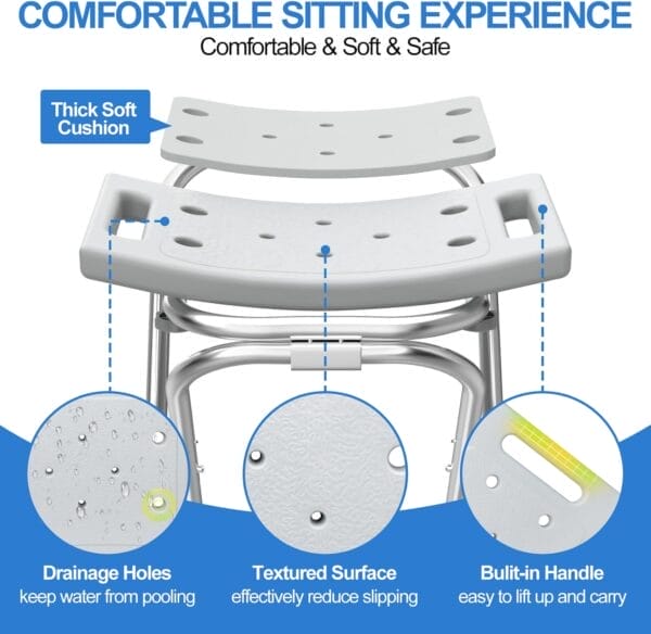 Folding Shower Chair Seat, 17.5" Stainless Steel Small Shower Chair for Inside Shower with Pad, 400lbs Portable Travel Shower Stool, Safety Anti-Slip Bath Chair for Seniors, Disabled, Gray - Image 3