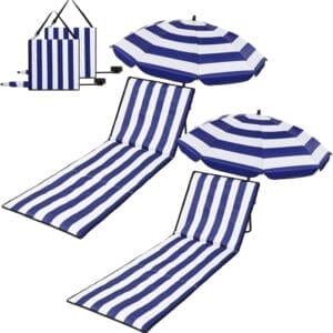 2 Set Beach Chairs with Umbrella Portable Beach Lounger Lightweight Foldable Outdoor Lounger Chair for Adult Outdoor Travel Sunbathing Camping Easy to Fold and Carry (Dark Blue,Stripe Style)