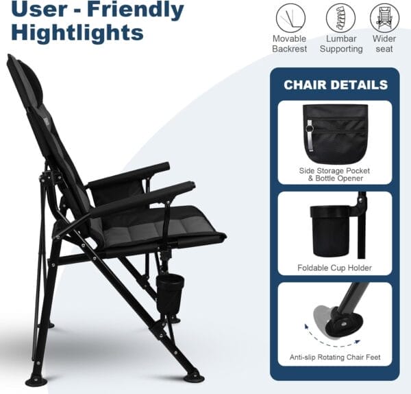 Supperella Movable Backrest Camping Chair for Adults with Cup Holder Folding Lawn Chairs for Outdoor Activities, Sports, Travel & Picnic - Image 4