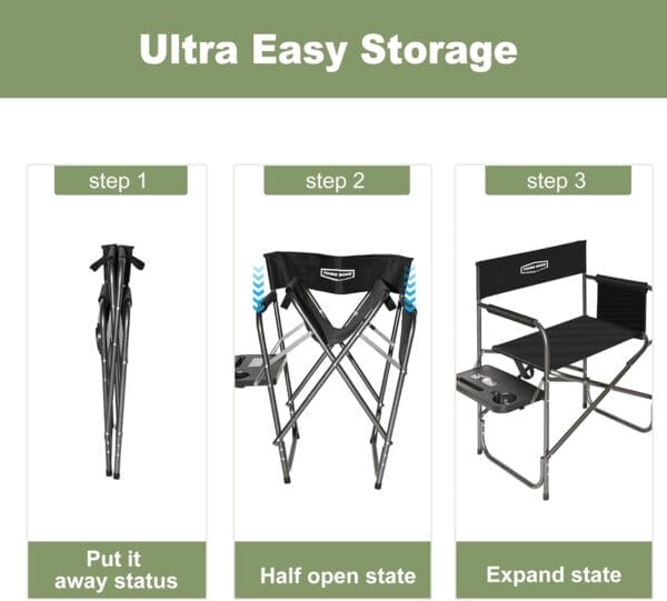 YOUNG WOOD Camping Directors Chair, Lightweight Oversized Portable Folding Chair with Side Table and Storage Pockets for Outdoor Camping, Lawn, Picnic and Fishing, Supports 400lbs (Black) - Image 5