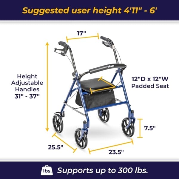 Drive Medical 10257BL-1 4 Wheel Rollator Walker With Seat, Steel Rolling Walker, Height Adjustable, 7.5" Wheels, Removable Back Support, 300 Pound Weight Capacity, Blue - Image 4