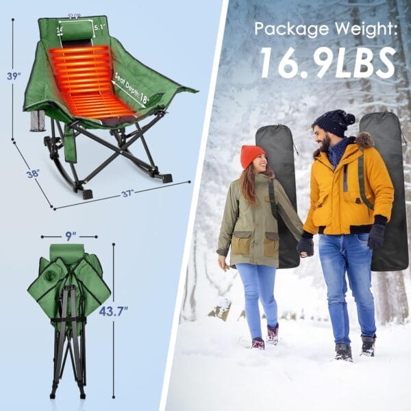 Suteck Heated Rocking Camping Chair, XL Oversized Rocking Chair Outdoor with 3 Heat Levels for Back and Seat, Heated Chairs Outdoor Sports for Patio Lawn Picnic Travel, Power Bank（Not Included） - Image 2