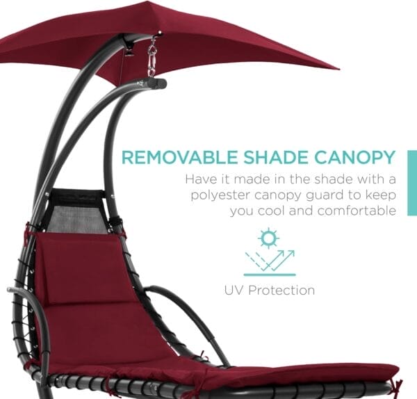 Best Choice Products Outdoor Hanging Curved Steel Chaise Lounge Chair Swing w/Built-in Pillow and Removable Canopy - Burgundy - Image 4