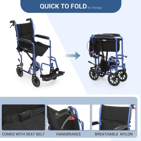monicare Lightweight Wheelchair 16 inch Seat Ultralight Transport Chair with Locking Hand Brakes and Swing-Away Foot Rests Foldable Wheel Chair for Adults, 250 lbs Capacity, Blue - Image 8