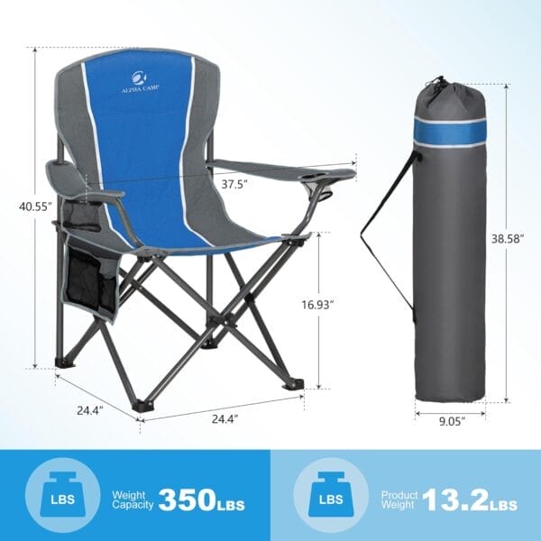 LET'S CAMP Oversized Outdoor Folding Camping Chair, 2 Pack Heavy Duty Arm Chairs with Cup Holder and Storage Bag, 350 LBS Weight Capacity, Blue - Image 2