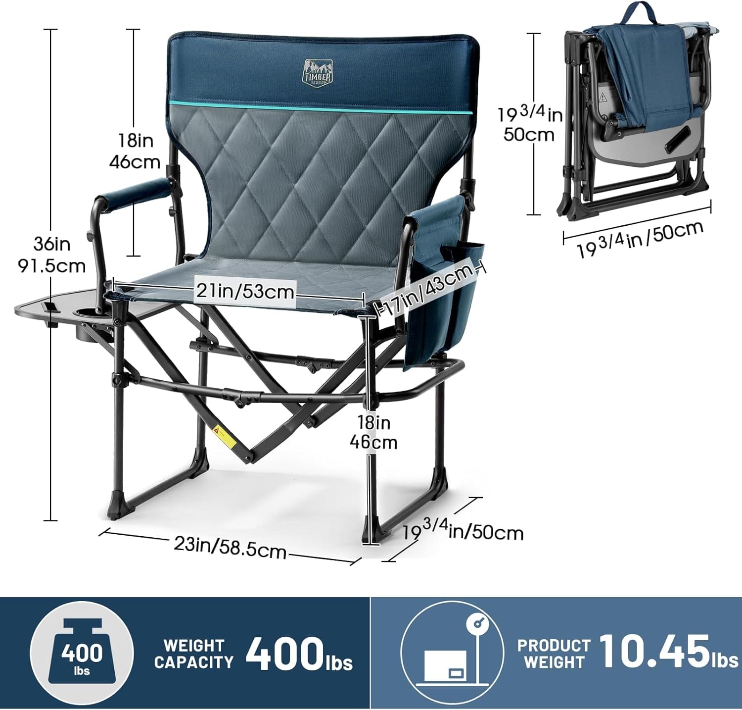 TIMBER RIDGE Heavy Duty Camping Chair with Compact Size, Portable Directors Chair with Side Table and Pocket for Camping, Lawn, Sports and Fishing, Supports Up to 400lbs, Navy - Image 3