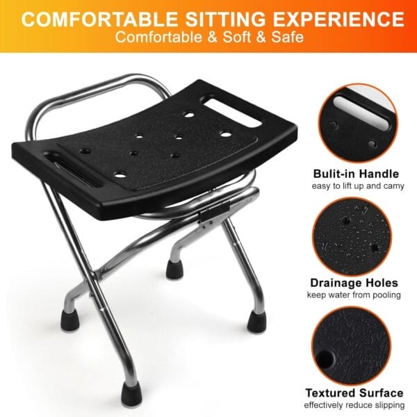 Folding Shower Seat, Stainless Eligible Shower Chair for Inside Shower, 400lbs Portable Travel Shower Stool, Safety Anti-Slip Bath Chair for Seniors, Disabled(Black) - Image 3