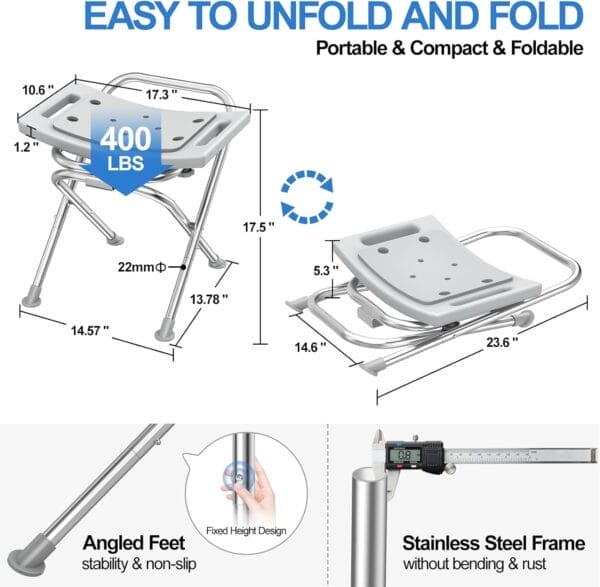 Folding Shower Chair Seat, 17.5" Stainless Steel Small Shower Chair for Inside Shower with Pad, 400lbs Portable Travel Shower Stool, Safety Anti-Slip Bath Chair for Seniors, Disabled, Gray - Image 4