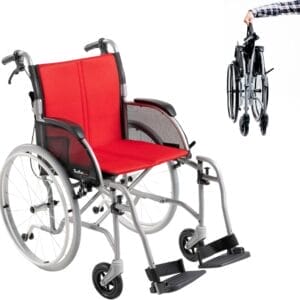 Feather Mobility - Red Cushion 13.5lb Silver Frame Lightweight Folding Wheelchair - Seat Width 18" with Swingaway Legrests, Anti-tippers, and Quick Release Wheels