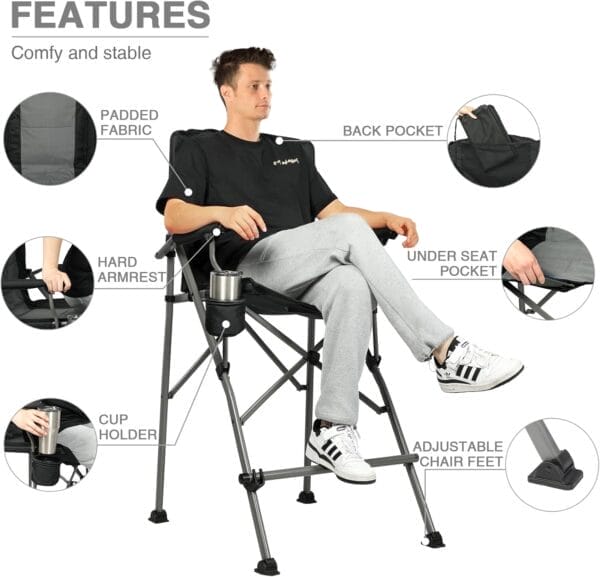 EVER ADVANCED Tall Directors Chair with Cup Holder 31", Bar Height Folding Chair for Camping, Sports with Carry Bag, Mesh Pockets and Footrest, Heavy Duty 300 lbs, Black - Image 5