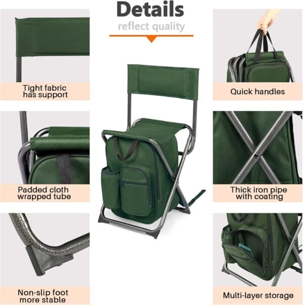PORTAL Backpack Cooler Chair Fishing Chairs with Backrest Folding Camping Stool Compact for Outdoors Hiking Hunting Travel, Supports 225 lbs - Image 7