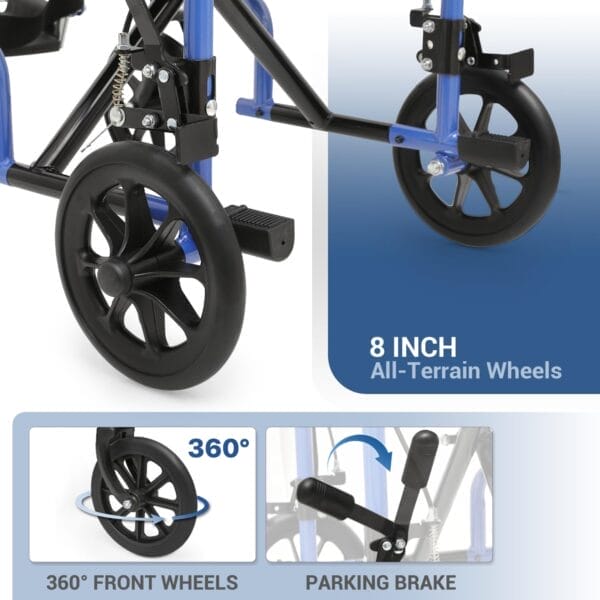 monicare Lightweight Wheelchair 16 inch Seat Ultralight Transport Chair with Locking Hand Brakes and Swing-Away Foot Rests Foldable Wheel Chair for Adults, 250 lbs Capacity, Blue - Image 7