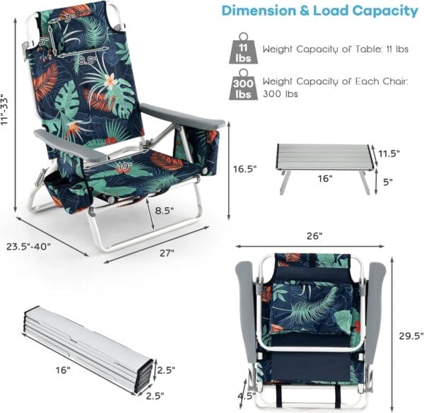Goplus Beach Chair, Folding Backpack Beach Chairs for Adults with 5 Positions, Head Pillow, Cooler Bag, Towel Bar, Cup Holders, Sunbath Sling Tanning Lounge, Foldable Layout Camping Chairs - Image 3