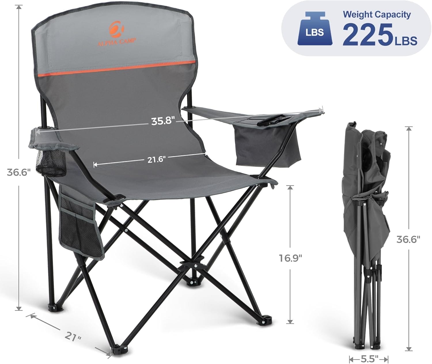 LET'S CAMP Camping Chair 2 Pack Folding Chair with 3-Can Cooler Bag Portable Lawn Chair with Cup Holder,Storage Pocket, Supports 225LBS, Collapsible Chair for Camp, Beach, Picnic (Grey) - Image 3