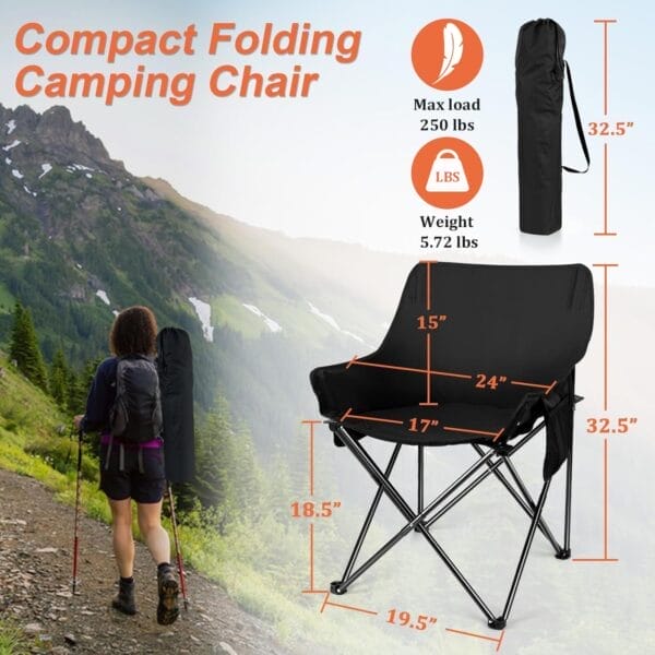 Joyfair Outdoor Camping Chair for Adult, Large Portable Folding Moon Chairs with Carry Bag for Patio Beach, Fishing, Lawn and More Outdoor Sports, 600D Oxford Fabric & Heavy Duty Steel (1, Black) - Image 2