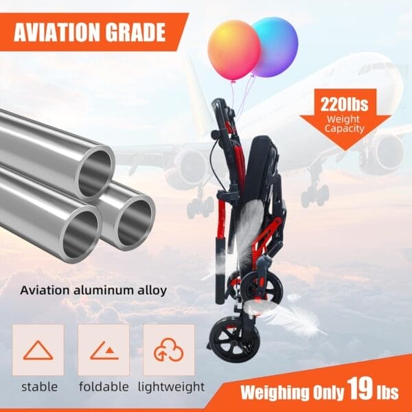19LBS Lightweight Foldable Transport Wheelchair for Adults - Portable, Fold-Back Armrests, 8” Rear Wheels, Aluminum Frame, Ideal for Seniors & Travel - Image 3
