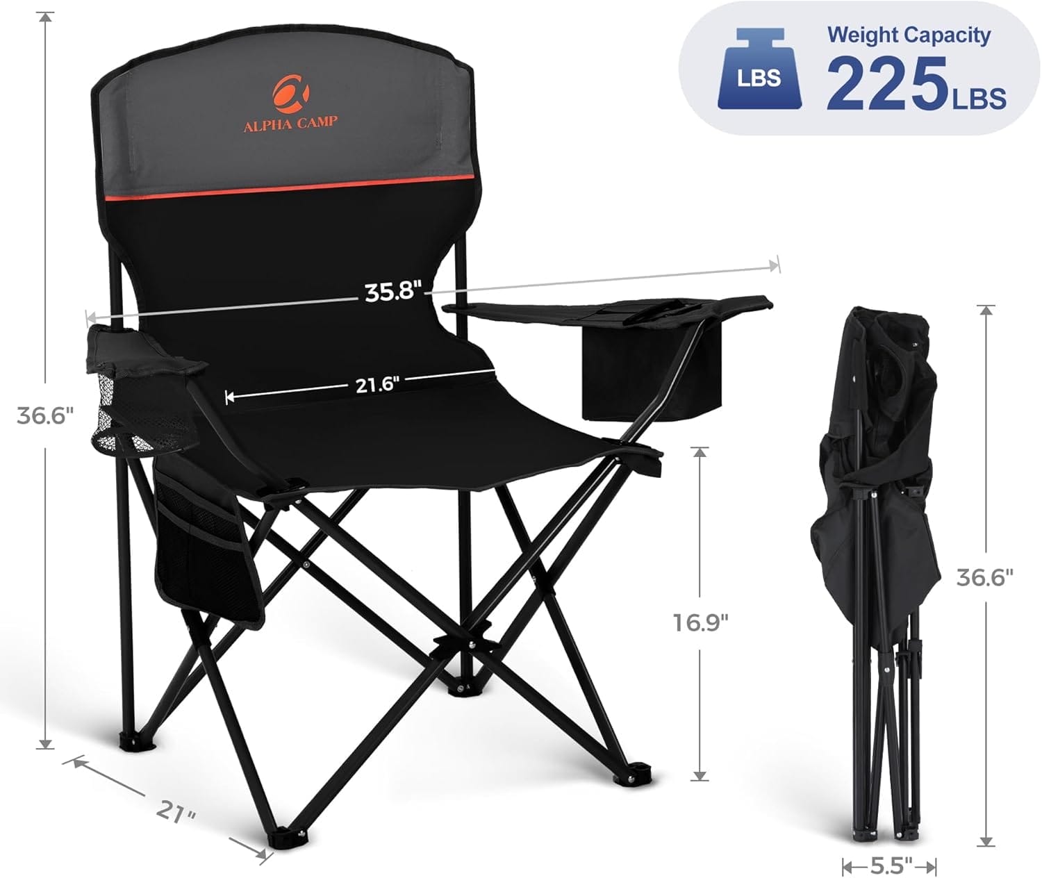 LET'S CAMP Camping Chair 2 Pack Folding Chair with 3-Can Cooler Bag Portable Lawn Chair with Cup Holder,Storage Pocket, Supports 225LBS, Collapsible Chair for Camp, Beach, Picnic (Black) - Image 3