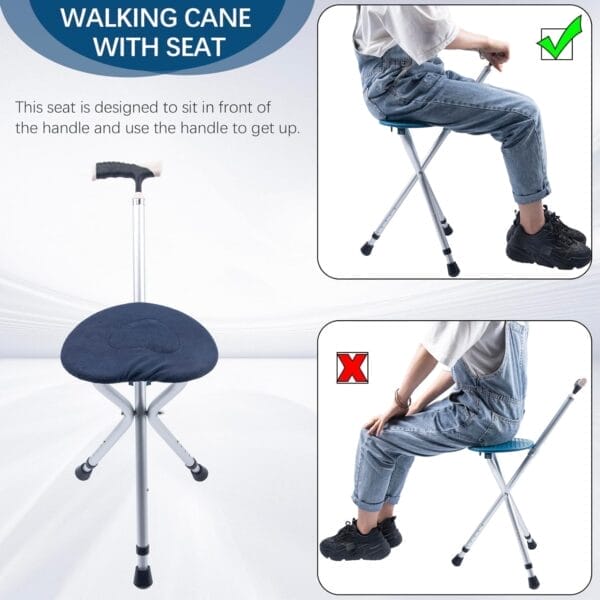 Walking cane with seat cane chair foldable walking stick with seat, adjustable cane stool for seniors elderly, lightweight aluminum, easy carry (blue) - image 8