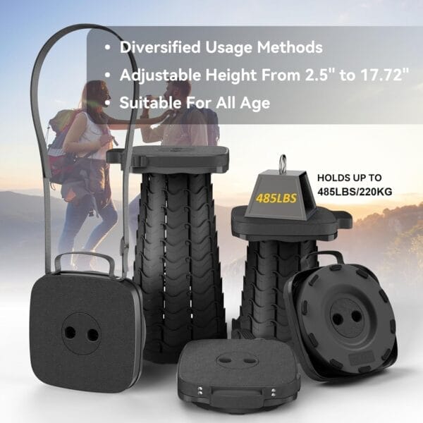 2025 Upgraded Portable Folding Stool, Collapsible Stool, Telescoping Camping Stool with Max Load Capacity 485lbs, Square Retractable Seat for Camping Gardening Fishing Hiking BBQ[Black] - Image 4
