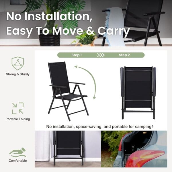 PHI VILLA Outdoor Patio Folding Chairs Set of 2, Portable Patio Dining Chairs with Adjustable Backrest for Outside, Garden, Lawn & Yard, No Assembly, Black - Image 3