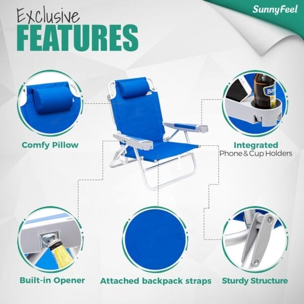SUNNYFEEL Extra Wide 28" Low Beach Chair 5 Position Lay Flat, XL Oversized Portable Folding Camping Chairs with Cup Holder for Outdoor/Trip, Lightweight Foldable Backpack Beach Chair for Adults - Image 6