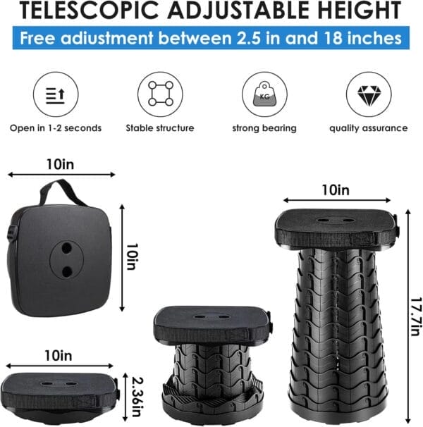 Folding Camping Stool,Square Collapsible Portable Stool,Collapsible Stool Folding Stool Telescoping Stool for Fishing Hiking BBQ,Sturdy Lightweight Telescoping Foldable Stool,Max Load 485lb - Image 2