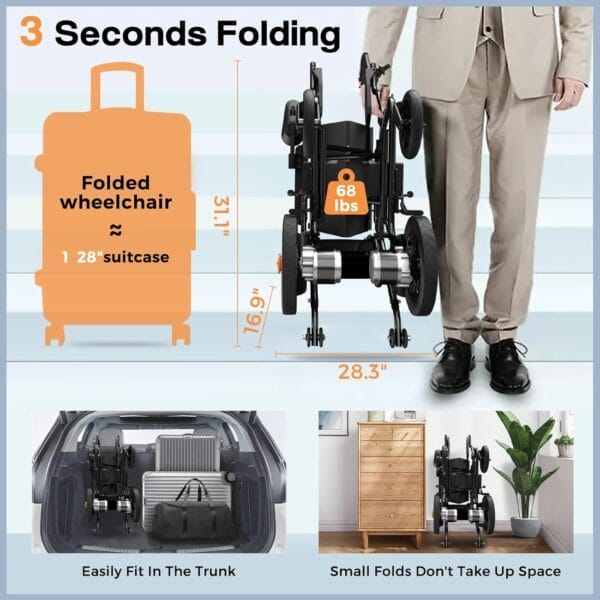 POWET Electric Wheelchairs for Adults, Intelligent Foldable Electric Wheelchair for Senior, 15 Miles Long Cruise Range Power Wheelchair, All Terrain Motorized Wheelchair with Powerful Motor (Orange) - Image 8