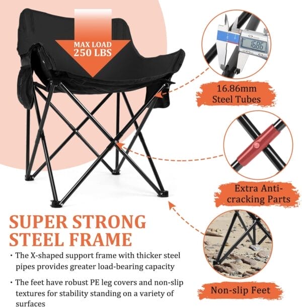 Joyfair Outdoor Camping Chair for Adult, Large Portable Folding Moon Chairs with Carry Bag for Patio Beach, Fishing, Lawn and More Outdoor Sports, 600D Oxford Fabric & Heavy Duty Steel (1, Black) - Image 4