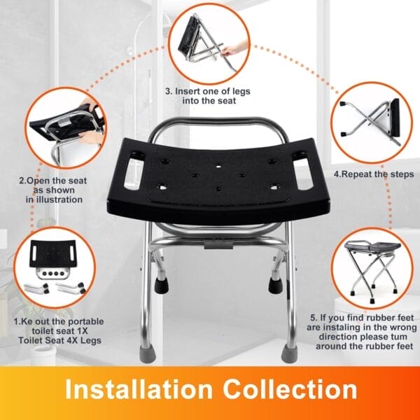 Folding Shower Seat, Stainless Eligible Shower Chair for Inside Shower, 400lbs Portable Travel Shower Stool, Safety Anti-Slip Bath Chair for Seniors, Disabled(Black) - Image 4