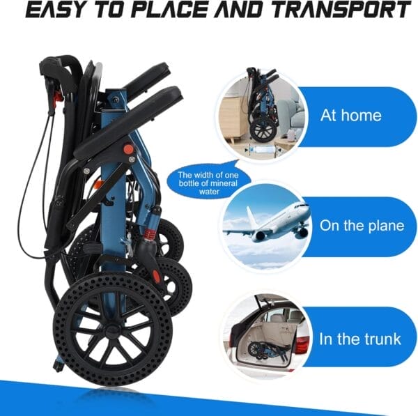 20 LBS Lightweight Foldable Transport Wheelchair for Adults & Seniors - 10” Honeycomb Tires, Double Handbrake, Aluminum Frame, Holds 220 LBS, Portable for Travel & Daily Use - Image 8