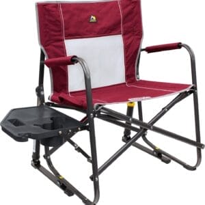 GCI OUTDOOR Freestyle Rocker XL with Side Table Camping Chair | Portable Folding Rocking Chair with Solid, Durable Armrests, Drink Holder & Comfortable Backrest — Red