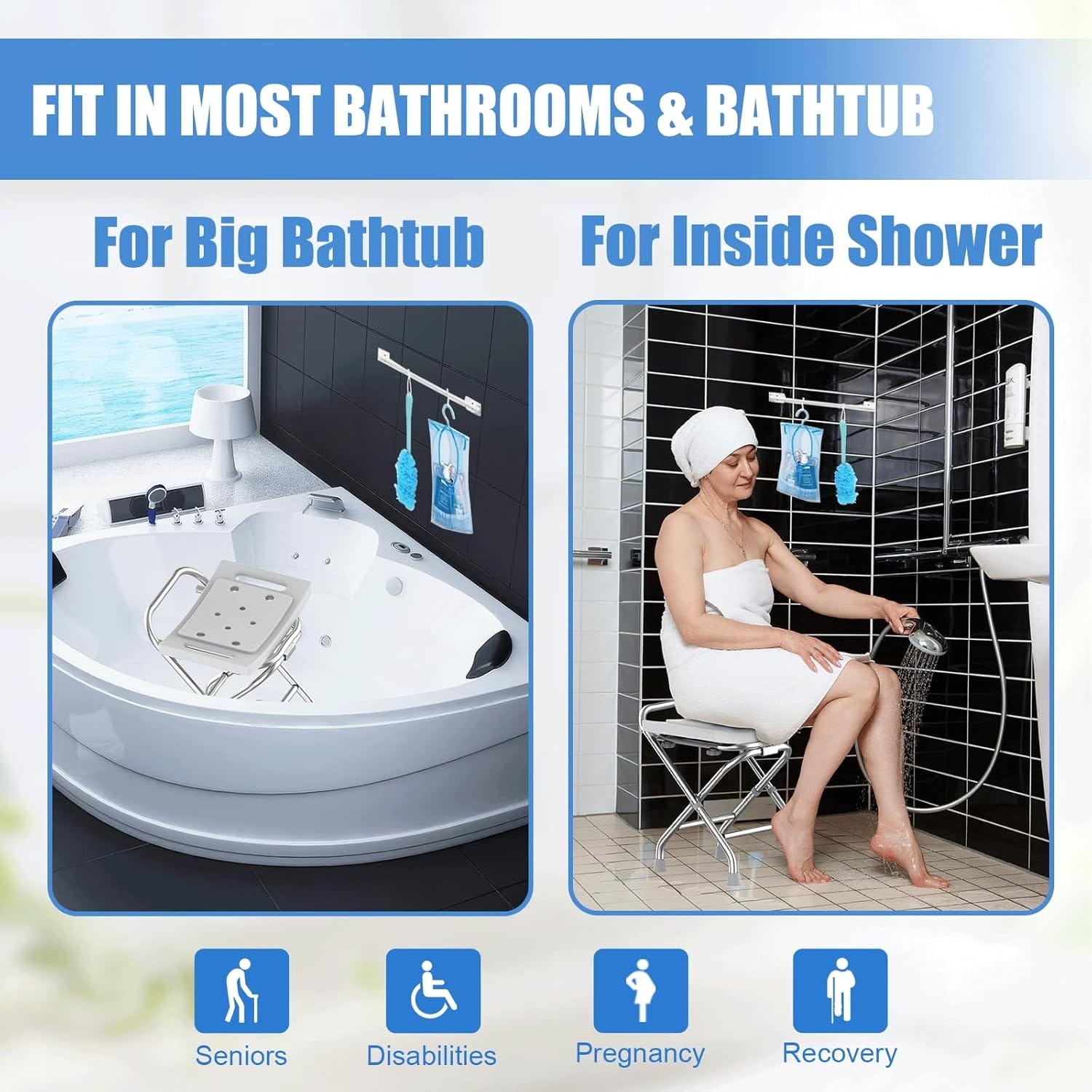 Height Adjustable Folding Shower Chair w/Crossbar, 400lbs Stainless Steel Foldable Shower Chair for Inside Shower, Anti-Slip Portable Travel Shower Stool, Safety Bath Chair for Seniors, Gray - Image 8