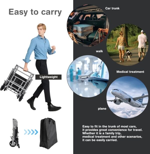 Transport Wheelchair Lightweight Foldable,Wheel Chair for Adults, with Foldable Handle,Airplane Cabin use,13.3lbs Portable Folding Travel Transfer Wheel Chairs for Seniors - Image 3
