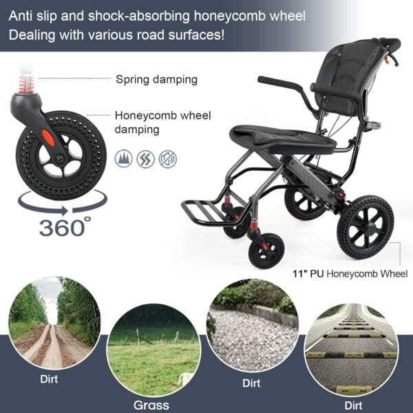 Transport Wheelchairs for Adults, Lightweight Transport Wheelchair, Trolleys for Elderly Aircraft Travel, Folding Compact Travel Wheelchair, 16.5" Wide Seat, User Friendly (Deluxe Ergonomic) - Image 9