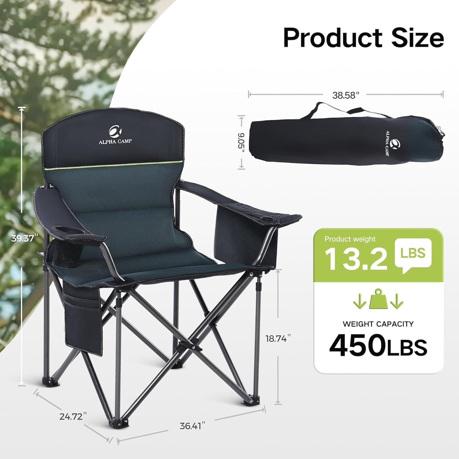 GREEN PARTY Folding Camping Chair Oversized Heavy Duty Lawn Chair with Cooler Bag, Cup Holder, Storage Pocket, Collapsible Padded Outdoor Arm Chair, Quad Lumbar - Image 2