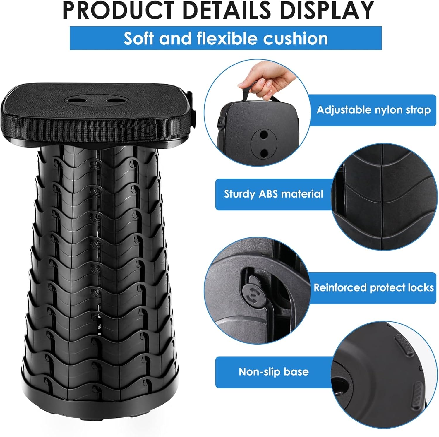 Folding Camping Stool,Square Collapsible Portable Stool,Collapsible Stool Folding Stool Telescoping Stool for Fishing Hiking BBQ,Sturdy Lightweight Telescoping Foldable Stool,Max Load 485lb - Image 4