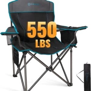 FUNDANGO Oversized Camping Chair for Adults, 550 Lbs Portable Folding Beach Fishing Lawn Chair with Cushion seat & Back, 4-can Cooler&Cup Holder, Carry Bag Included for Outdoor (Black/Grey)