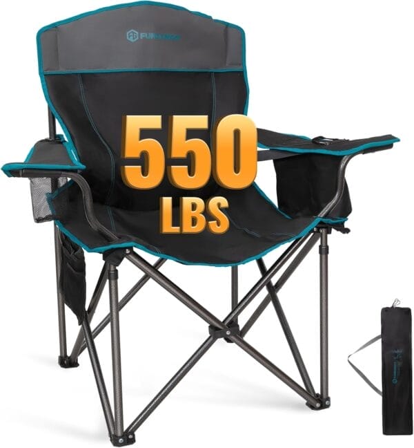 FUNDANGO Oversized Camping Chair for Adults, 550 Lbs Portable Folding Beach Fishing Lawn Chair with Cushion seat & Back, 4-can Cooler&Cup Holder, Carry Bag Included for Outdoor (Black/Grey)