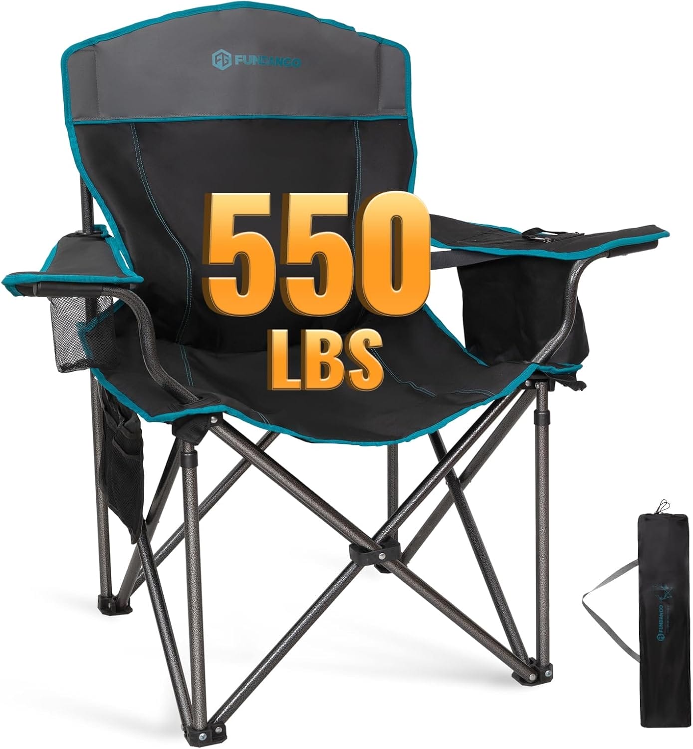 FUNDANGO Oversized Camping Chair for Adults, 550 Lbs Portable Folding Beach Fishing Lawn Chair with Cushion seat & Back, 4-can Cooler&Cup Holder, Carry Bag Included for Outdoor (Black/Grey)