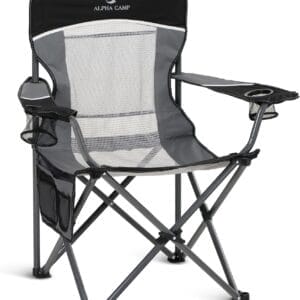 ALPHA CAMP Oversized Mesh Back Camping Folding Chair Heavy Duty Support 350 LBS Collapsible Steel Frame Quad Chair Padded Arm Chair with Cup Holder Portable for Outdoor (Black/Grey)