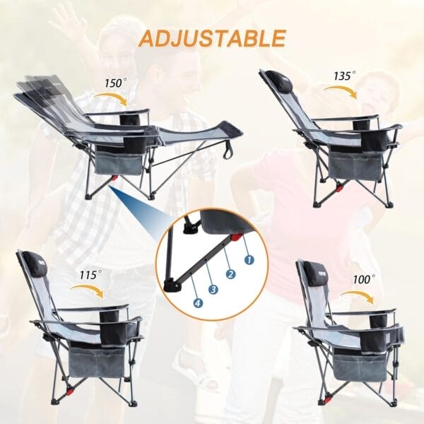 Reclining Camping Chair with Removable Footrest Lounge Chair with Headrest, Cotton Cushion, Portable Adjustable Folding Chairs for Adults Black - Image 8