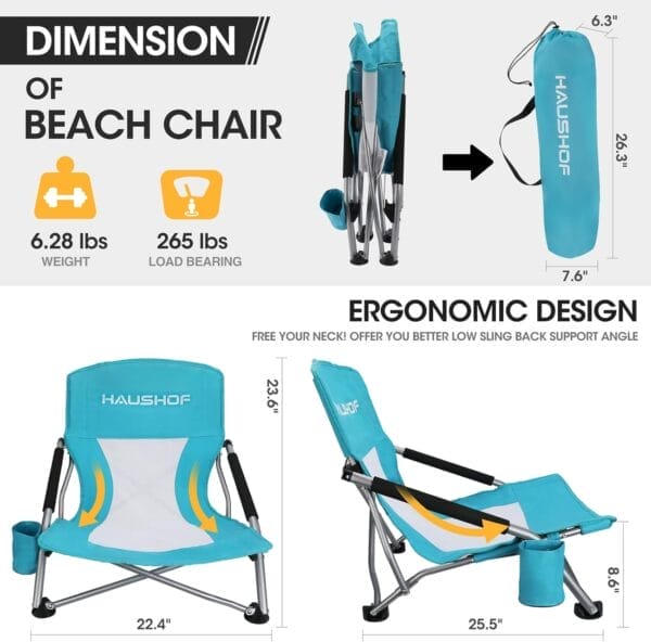 HAUSHOF Low Beach Chair, Mesh Back Folding Chair, Lightweight Low Seat Camping Chairs with Cup Holder, Carry Bag, Padded Armrest, for Outdoor Beach Lawn Camping Picnic Festival - Image 2