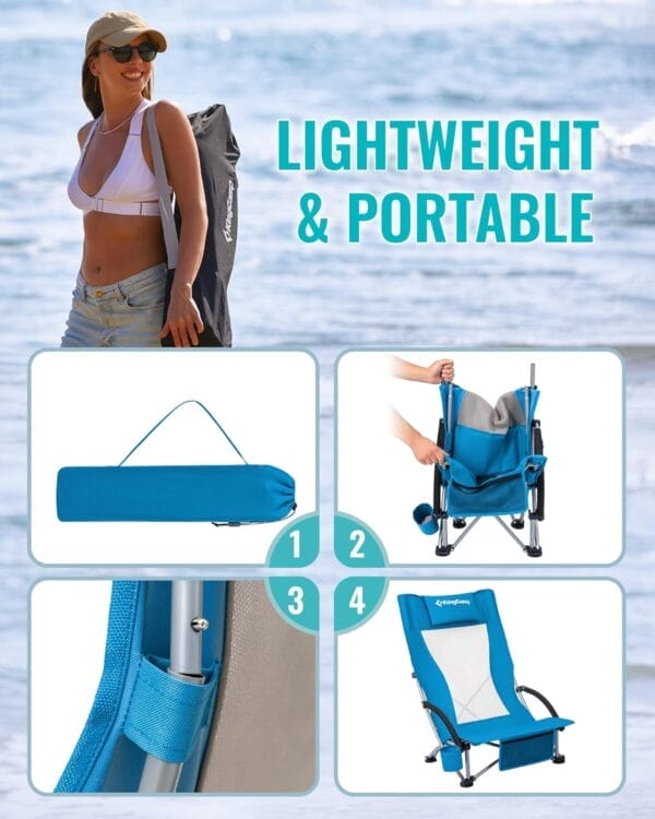 KingCamp Low Beach Chairs, Portable Folding Chair for Adults Extra Wide Ergonomic High Back Seat 300lbs Heavy Duty Lightweight Oversized Gear with Carry Bag for Outdoor Lawn Camping Picnic - Image 7