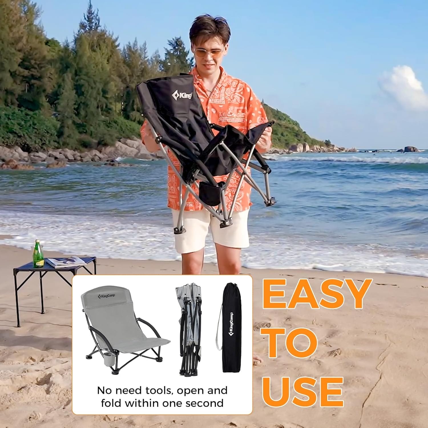 KingCamp Low Beach Chairs, Portable Folding Chair for Adults Extra Wide Ergonomic High Back Seat 300lbs Heavy Duty Lightweight Oversized Gear with Carry Bag for Outdoor Lawn Camping Picnic - Image 7