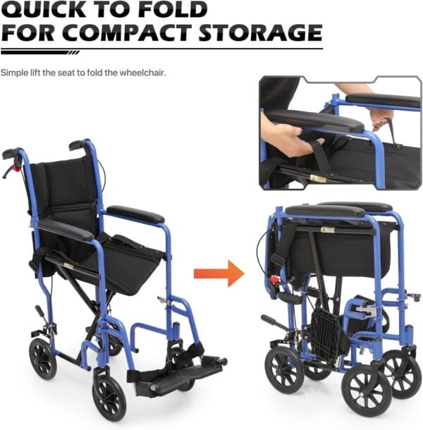 monicare Lightweight Wheelchair 16 inch Seat Ultralight Transport Chair with Locking Hand Brakes and Swing-Away Foot Rests Foldable Wheel Chair for Adults, 250 lbs Capacity, Blue - Image 11
