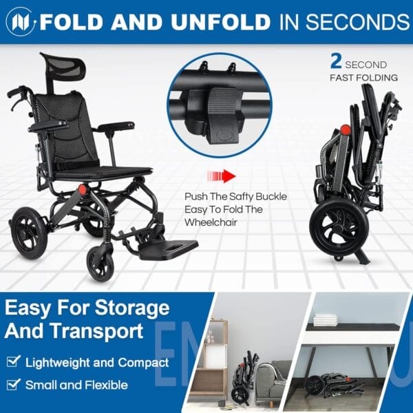 Lightweight Reclining Wheelchairs for Seniors with46cm seat wideth, Compact Foldable Travel Transport Wheelchair for Adults, Portable Aluminum Wheelchair Support 220lbs - Image 6