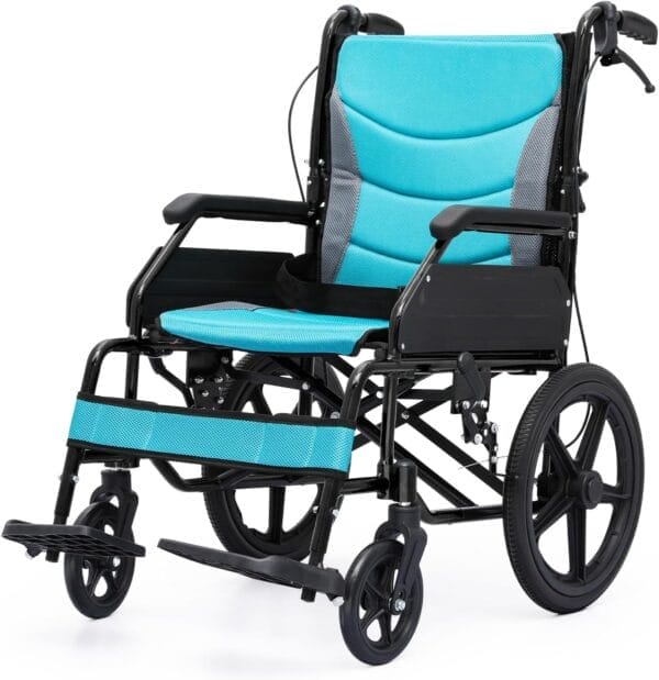 Magshion Foldable Transport Wheelchair for Adults 250 Lbs, Lightweight Transport Chair for Seniors, Portable Wheel Chair with Removable Cushion, Push-to-Lock & Hand Brakes, 17.5" Seat (Black Frame)