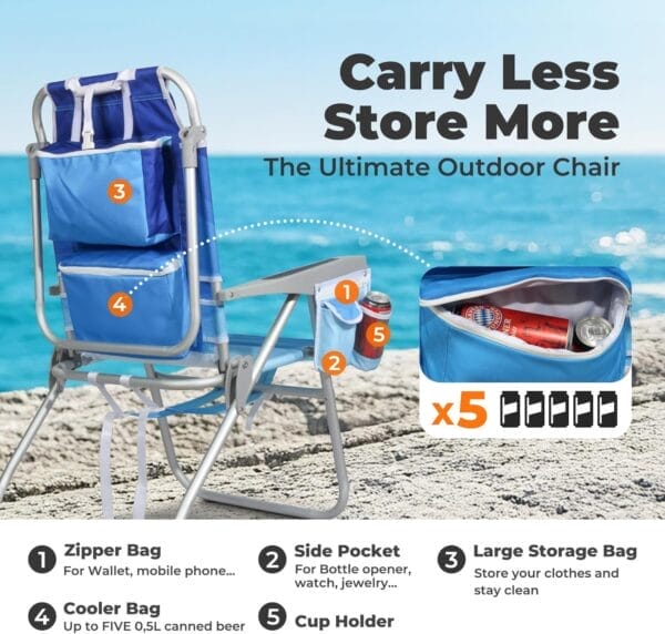 Tall Beach Chairs for Adults – 5-Position Reclining Backpack Chair with Large Insulated Cooler & Storage Pocket, Aluminum Frame, Portable for Travel & Outdoor, Supports 300lbs, Wave Blue - Image 4